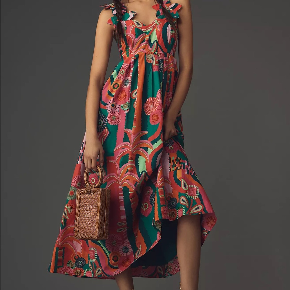 Farm Rio x Anthropologie Pleated Palm Midi Dress- Zipper needs fixed